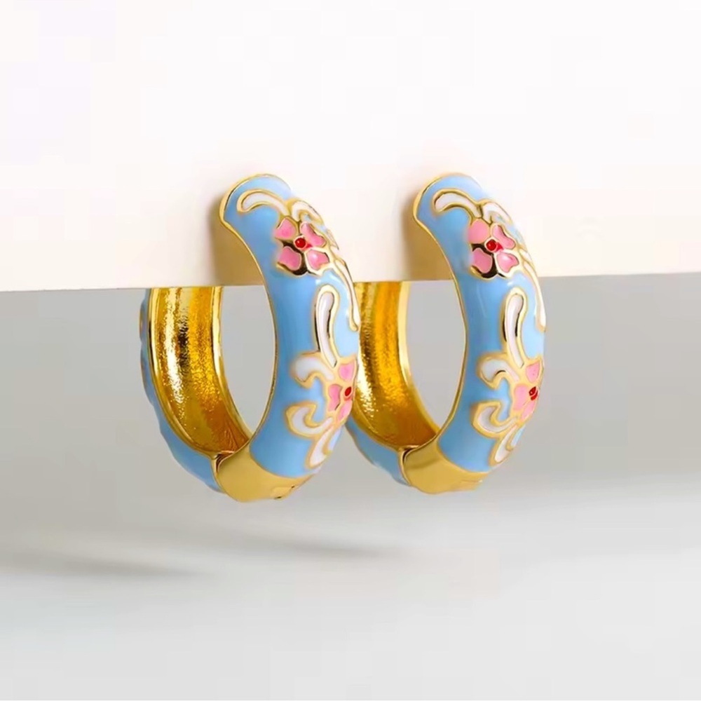 Blue Floral Gold Hoop Earrings